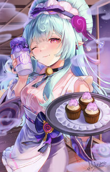 Rule 34 | 1girl, absurdres, apron, aqua hair, blush, bottle, breasts, closed mouth, commentary request, cupcake, fingernails, food, frilled apron, frilled sleeves, frills, genshin impact, hair between eyes, hair ornament, highres, holding, holding bottle, holding tray, japanese clothes, kimono, long hair, looking at viewer, maid, maid apron, maid headdress, medium breasts, nihongami, obi bow, one eye closed, pink eyes, pink kimono, pointy ears, purple nails, sleeveless, sleeveless kimono, smile, solo, tail, tray, umigitsune 614, wa maid, wagashi, white apron, yumemizuki mizuki