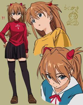 1girl black_skirt blue_eyes breasts brown_hair cosplay fate/zero fate_(series) full_body hairstyle_connection hajikkoneko hand_on_own_hip highres long_hair looking_at_viewer multiple_views neon_genesis_evangelion open_mouth red_ribbon ribbon school_uniform shirt shout_lines skirt solo souryuu_asuka_langley tohsaka_rin tohsaka_rin_(cosplay) tokyo-3_middle_school_uniform translation_request two_side_up white_shirt wide_hips yellow_shirt