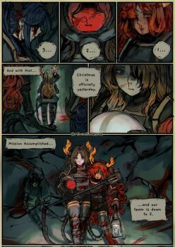 1boy 2girls antlers armor black_armor black_boots black_gloves blood blood_on_face blood_on_ground bloody_tears blue_hair boots death english_text gloves helmet highres holding holding_staff holding_unworn_helmet hong_lu_(project_moon) horns ishmael_(project_moon) kiyo_(mistlilykyo) limbus_company long_hair multiple_girls orange_hair parted_lips project_moon r_corp._(identity)_(project_moon) reindeer_antlers rodion_(project_moon) sidelocks speech_bubble staff unworn_headwear unworn_helmet very_long_hair