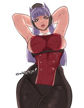 1girl animal_ears arms_behind_head black_pantyhose blunt_bangs breasts brown_hat character_name commentary covered_abs cowboy_shot dress english_commentary gold_ship_(red_strife)_(umamusume) gold_ship_(umamusume) hat highres horse_ears horse_girl large_breasts lips long_hair looking_at_viewer nose pantyhose parted_lips pillbox_hat purple_eyes purple_hair red_dress short_dress simple_background solo sweat sweaty_clothes thighs uchihaniray umamusume very_sweaty white_background