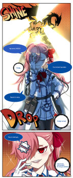 1girl 2koma alternate_language ammunition_pouch artist_name belt_pouch black_pantyhose bow bowtie braid clip_studio_paint_(medium) closed_eyes comic commentary english_commentary english_text girls'_frontline gloves hair_bow hair_ornament hair_over_one_eye hairclip half-closed_eyes hand_on_own_hip hand_on_own_face hexagram highres jacket light_beam long_hair looking_at_viewer madcore negev_(girls'_frontline) orange_background pantyhose parted_lips pink_hair pouch red_bow red_bowtie simple_background skirt smile solo sparkle star_(symbol) star_of_david teeth upper_teeth_only white_gloves white_jacket white_skirt