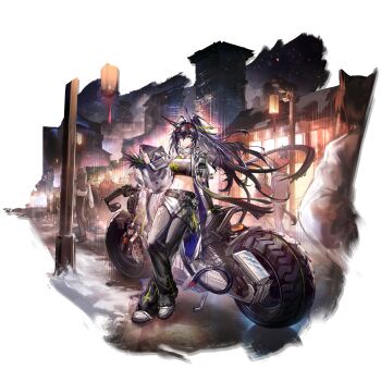 1girl 6+others :3 abs ahoge animal_ear_fluff animal_ears aqua_eyes architecture arknights artist_collaboration bag baimudafeiyu bandeau belt black_bandeau black_belt black_gloves black_hair black_pants black_tail blaze_(arknights) blaze_the_igniting_spark_(arknights) blaze_the_igniting_spark_(homecoming_night)_(arknights) braid breasts building can cat_ears cat_girl chain chest_belt city city_lights cleavage closed_mouth cropped_vest east_asian_architecture elbow_gloves food full_body glass_bottle gloves green_belt grocery_bag hair_between_eyes high_ponytail highres holding holding_bag lantern large_breasts leaning_against_motorcycle linea_alba long_hair looking_at_viewer mag_(mag42) motor_vehicle motorcycle multiple_belts multiple_others navel night official_alternate_costume official_art open_clothes open_vest outdoors pants paper_bag paper_lantern people ponytail scarf shoes shopping_bag single_braid single_glove skyscraper smile sneakers snow snowing solo tail tail_ornament third-party_source transparent_background unworn_gloves vegetable vest white_gloves white_scarf white_shoes white_vest