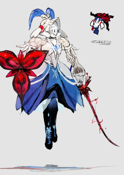 absurdres armor commentary_request dated floating floette floette_(eternal) gen_6_pokemon grey_background helmet highres nintendo personification pokemon pokemon_(creature) reference_inset reflection shield signature sukepmonster sword weapon