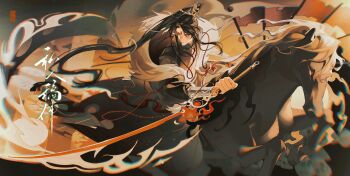 Rule 34 | 1boy, absurdres, animal, asymmetrical bangs, beads, black hair, board game, chinese clothes, chromatic aberration, coat, ershisi shao qing, fur-trimmed coat, fur trim, hair ornament, hair stick, high ponytail, highres, holding, holding sword, holding weapon, horse, horseback riding, jewelry, long hair, long sleeves, male focus, necklace, original, parted bangs, ponytail, riding, sitting, solo, sword, watermark, weapon