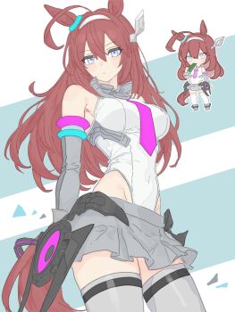 1girl ahoge animal_ears blue_eyes breasts brown_hair commentary detached_sleeves english_commentary grey_skirt highleg highleg_leotard highres hip_gear horse_ears horse_girl horse_tail large_breasts leotard long_hair makop mihono_bourbon_(umamusume) miniskirt necktie pink_necktie simple_background skirt solo tail thighhighs umamusume white_leotard white_thighhighs zettai_ryouiki