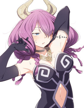 1girl armpits aura_(sousou_no_frieren) black_gloves blue_eyes braid breasts cleavage clothing_cutout demon_girl demon_horns eitopondo elbow_gloves gloves gold_necklace hair_over_one_eye horns hot jewelry large_breasts long_hair looking_to_the_side low-braided_long_hair low-tied_long_hair multiple_braids navel_cutout necklace open_mouth pink_hair solo sousou_no_frieren sweatdrop upper_body white_background