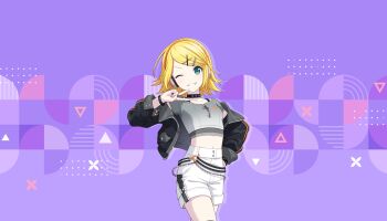 1girl ;d aqua_eyes black_jacket black_nails blonde_hair colorful_palette find_the_dream_view_(project_sekai) game_cg grey_shirt grin hair_ornament hairclip headphones highres jacket kagamine_rin leo/need_rin multicolored_nails official_alternate_costume official_art one_eye_closed open_clothes open_jacket open_mouth orange_nails project_sekai purple_background shirt shorts smile solo teeth third-party_source triangle vocaloid white_shorts x_hair_ornament