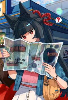 1girl ? alternate_costume animal_ear_fluff animal_ears bag bangboo_(zenless_zone_zero) belt black_hair blue_jacket blunt_bangs cowboy_shot day fox_ears fox_girl head_tilt highres holding holding_map hoshimi_miyabi jacket long_hair map outdoors ponytail red_belt red_eyes shirt shoulder_bag skirt sshooooe white_skirt zenless_zone_zero