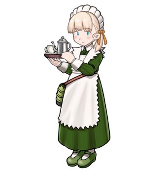 apron bag blonde_hair blue_eyes blunt_bangs coffee_pot commentary_request cup dress full_body green_dress green_shoes kantai_collection long_hair maid maid_headdress mary_janes official_alternate_costume porusasu shin'you_(kancolle) shin'you_(maid)_(kancolle) shoes simple_background teacup tray white_apron white_background