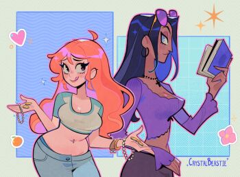 2girls ahoge artist_name black_hair black_skirt blue_eyes blue_pants book breasts brown_eyes cleavage coin commentary cowboy_shot crop_top cross cross_necklace crystalbeastie dark-skinned_female dark_skin earrings eyewear_on_head highres holding holding_book holding_bracelet holding_coin hoop_earrings jewelry looking_at_another medium_breasts midriff multiple_girls nami_(one_piece) navel_piercing necklace nico_robin one_piece orange_hair pants parted_bangs piercing purple_shirt shirt short_sleeves sidelocks skirt sunglasses symbol-only_commentary tongue tongue_out