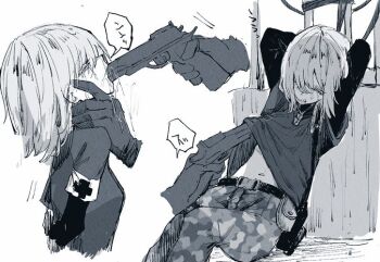 1girl arms_behind_head bound camouflage camouflage_pants commentary_request cross greyscale gun gun_in_mouth gun_to_head handgun holding holding_gun holding_weapon medium_hair monochrome navel original pants red_hod restrained short_hair weapon