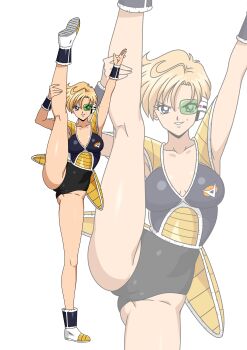 absurdres alternate_costume bishoujo_senshi_sailor_moon bishoujo_senshi_sailor_moon_s black_leotard blonde_hair blue_eyes boots breasts cleavage epaulettes ginyu1992 green-tinted_eyewear highres leotard looking_at_viewer saiyan_armor scouter short_hair smile stretching ten&#039;ou_haruka tinted_eyewear wrist_cuffs