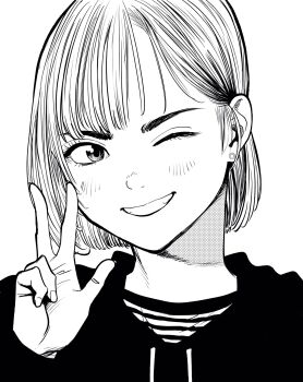 1girl bob_cut commentary_request grin hair_behind_ear highres hood hoodie lee_(dragon_garou) light_blush monochrome one_eye_closed original portrait shirt short_hair smile solo striped_clothes striped_shirt stuffed_toy w