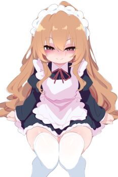 1girl aisaka_taiga alternate_costume apron bad_tag blush brown_hair enmaided female_focus highres kukuchi581 kyojiri_loli loli long_hair looking_at_viewer maid maid_apron maid_headdress sitting smile solo thighhighs thighs toradora! white_thighhighs