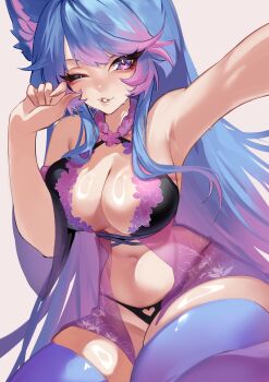 Rule 34 | 1girl, absurdres, animal ear fluff, animal ears, arm up, armpits, black panties, blue hair, blue thighhighs, breasts, cleavage, closed mouth, highres, indie virtual youtuber, large breasts, long hair, looking at viewer, one eye closed, panties, parted bangs, pink eyes, pink hair, pink streaks, sidelocks, silvervale, silvervale (cozy), smile, solo, suliavtuber, thighhighs, underwear, very long hair, virtual youtuber, white background, wolf ears, wolf girl