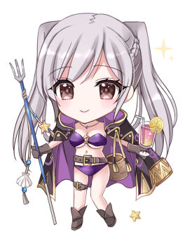 Rule 34 | 1girl, belt, big head, bikini, blush, breasts, brown eyes, brown gloves, chibi, cleavage, closed mouth, cup, drink, female robin (fire emblem), female robin (seaside tactician) (fire emblem), fire emblem, fire emblem awakening, fire emblem heroes, gloves, holding, holding cup, jewelry, kirishima riona, long hair, looking at viewer, medium breasts, navel, necklace, nintendo, o-ring, o-ring bikini, o-ring top, official alternate costume, polearm, purple bikini, robe, smile, solo, starfish, swimsuit, trident, twintails, weapon, white hair