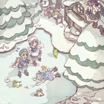 Rule 34 | > <, 4girls, alternate costume, apron, bird, bird wings, black hair, black socks, black wings, blue bow, blue hair, blue hat, blue skirt, blue sweater, blue vest, boots, bow, brown boots, camera, chigu, cirno, closed mouth, commentary request, crow, daiyousei, detached wings, dress, fairy wings, flying sweatdrops, frilled skirt, frills, frog, geta, green eyes, green hair, hair bow, hat, highres, holding, holding camera, ice, ice skates, ice wings, lapel pin, letty whiterock, long hair, multiple girls, one side up, open mouth, outdoors, pinafore dress, pointy ears, pom pom (clothes), red hat, red shoes, scarf, shameimaru aya, shirt, shoes, skates, skirt, sleeveless, sleeveless dress, smile, snowman, socks, sparkle, sweater, taking picture, tengu-geta, tokin hat, touhou, tree, tripping, twitter username, vest, waist apron, white apron, white hat, white scarf, white shirt, wings, winter, winter clothes