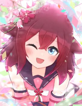 Rule 34 | 1girl, absurdres, animal ears, blue eyes, blush, breasts, collarbone, commentary request, dated, detached sleeves, flower, hair between eyes, hair flaps, hair flower, hair ornament, highres, horse girl, looking at viewer, medium breasts, medium hair, napo (user vktv7727), one eye closed, pink hair, sakura chiyono o (umamusume), umamusume