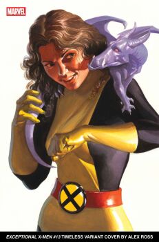 1girl alex_ross artist_name belt black_bodysuit bodysuit brown_eyes brown_hair comic_cover company_name copyright_name cover cover_page creature creature_on_shoulder dragon english_text gloves highres kitty_pryde lockheed long_hair looking_at_creature marvel multicolored_bodysuit official_art on_shoulder open_mouth realistic red_belt smile solo_focus superhero_costume third-party_source two-tone_bodysuit upper_body western_comics_(style) white_background x-men x-uniform yellow_bodysuit yellow_gloves