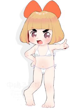 1girl angry barefoot bikini blush bow brown_eyes brown_hair flat_chest hair_bow hand_on_own_hip loli looking_at_viewer lulu_(warioware) micro_bikini nakajima_lupus navel nintendo open_mouth pointing pointing_at_viewer red_bow short_hair side-tie_bikini_bottom standing swimsuit warioware white_background white_bikini