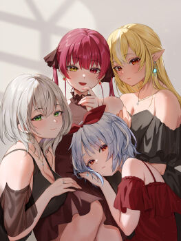 5girls :d absurdres alternate_costume black_dress blonde_hair blue_hair breasts cleavage closed_mouth comiket_106 commentary commentary_request double-parted_bangs dress earrings elf english_commentary green_eyes grey_hair hair_between_eyes hair_ribbon half_updo halter_dress halterneck heterochromia highres hololive hololive_fantasy houshou_marine jewelry large_breasts long_hair looking_at_viewer medium_hair mixed-language_commentary monokawa_(iurl1z) multicolored_hair multiple_girls necklace off-shoulder_dress off_shoulder open_mouth orange_eyes parted_lips pointy_ears rabbit-shaped_pupils red_eyes red_hair ribbon ring shiranui_flare shirogane_noel short_dress short_eyebrows short_sleeves smile spaghetti_strap strapless strapless_dress streaked_hair symbol-shaped_pupils thick_eyebrows twintails two_side_up usada_pekora virtual_youtuber white_hair yellow_eyes