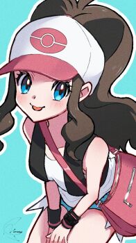 Rule 34 | 1girl, :p, bag, bare shoulders, black vest, blue background, blue eyes, blue shorts, brown hair, commentary, english commentary, eyelashes, hat, high ponytail, highres, hilda (pokemon), long hair, looking at viewer, meru merume603, mixed-language commentary, nintendo, open clothes, open vest, pokemon, pokemon bw, ponytail, shirt, shorts, shoulder bag, sidelocks, sleeveless, sleeveless shirt, solo, tongue, tongue out, vest, white hat, wristband