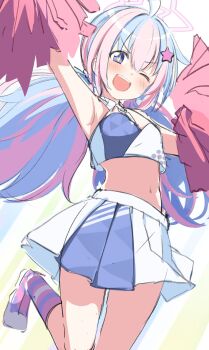 +_+ 1girl ;d absurdres acchii_(akina) ahoge arm_up armpits beads blue_archive blue_eyes blue_hair blush breasts cheerleader crop_top hair_beads hair_ornament hair_scrunchie halo highres holding holding_pom_poms long_hair looking_at_viewer midriff millennium_cheerleader_outfit_(blue_archive) multicolored_hair navel one_eye_closed open_mouth pink_hair pink_halo pink_socks pleated_skirt pom_pom_(cheerleading) pom_poms reisa_(blue_archive) scrunchie sketch skirt sleeveless smile socks solo star_(symbol) star_hair_ornament star_halo streaked_hair striped_clothes striped_socks twintails two-tone_hair white_skirt