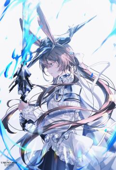 amiya_(arknights) amiya_(guard)_(arknights) amiya_(guard)_(in_a_myriad_of_universes)_(arknights) animal_ears arknights blue_eyes blue_fire brown_hair fire from_side highres long_hair rabbit_ears rabbit_girl sabaton single_couter sword umeno_shii weapon white_background