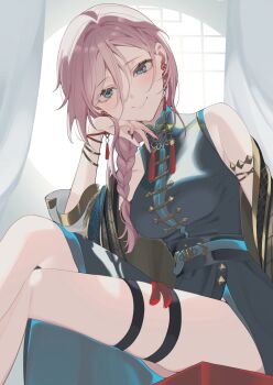 1girl aqua_sash armlet blue_dress blue_eyes blush bracelet braid braided_ponytail breasts china_dress chinese_clothes closed_mouth commentary crossed_legs curtains dress earrings endless_knot feet_out_of_frame gold_trim hair_between_eyes hand_on_own_chin head_rest highres hololive jewelry long_hair long_hair_between_eyes looking_at_viewer medium_breasts nail_polish official_alternate_costume pink_hair red_nails sash sitting sleeveless sleeveless_dress smile solo takane_lui takane_lui_(china_dress) tassel tassel_earrings thigh_strap twitter_username virtual_youtuber window yamagamiamami