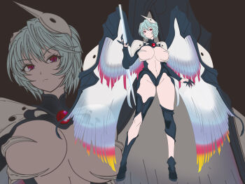 1girl absurdres angel angel_(evangelion) angel_chromosome_xx armor black_background blue_hair blue_wings breasts chest_jewel commentary_request feathered_wings gem highres huge_breasts interface_headset_(evangelion) mask mask_on_head multicolored_wings neon_genesis_evangelion pauldrons polearm r53527 red_eyes red_gemstone red_wings revealing_clothes sachiel-xx sachiel_(evangelion) short_hair shoulder_armor simple_background solo spear thick_thighs thighs weapon wings yellow_wings zoom_layer