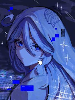 1girl ahoge aoi_sakanazz blue_eyes blue_hair commentary_request cursor drop-shaped_pupils frown furina_(genshin_impact) genshin_impact halftone headscarf heterochromia highres long_hair portrait solo sparkle symbol-shaped_pupils