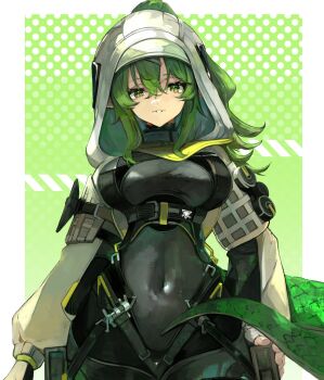 Rule 34 | 1girl, aqa, arknights, arknights: endfield, black bodysuit, bodysuit, breasts, chest harness, commentary request, covered navel, endfield uniform, fingerless gloves, fluorite (arknights), gloves, green eyes, green hair, green tail, hair through hood, harness, highres, hood, hood up, hooded shrug, large breasts, looking at viewer, ponytail, shrug (clothing), snake girl, snake tail, solo, tail, white shrug