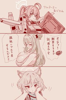 3girls ahoge android_(blue_archive) animal_ear_fluff animal_ears blue_archive blue_scarf bra breasts closed_mouth cosplay cross cross_hair_ornament fight_yoghurt full_armor_gundam full_armor_gundam_(cosplay) green_hair grey_hair hair_ornament hair_rings halo hands_on_another&#039;s_cheeks hands_on_another&#039;s_face heterochromia highres hoshino_(blue_archive) inverted_cross large_breasts mismatched_pupils multiple_girls pink_hair ponytail scarf shiroko_(blue_archive) shiroko_(young)_(blue_archive) single_hair_ring speech_bubble sweat underwear white_bra wolf_ears yellow_eyes yume_(blue_archive)