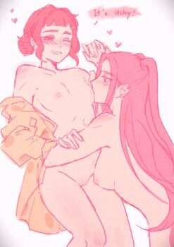 Rule 34 | 2girls, blush, breast sucking, breasts, commentary, ear piercing, english commentary, english text, hair bun, hand on another's arm, heart, highres, kpop demon hunters, long hair, medium breasts, mira (kpop demon hunters), multiple girls, nude, open mouth, piercing, pussy, sleepykai32, small breasts, smile, twintails, yuri, zoey (kpop demon hunters)