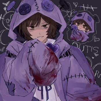 Rule 34 | 1girl, blood, blood on clothes, brown hair, character name, chibi, chibi inset, coat, commentary, dress, grey background, hand up, heart, highres, holding, holding stuffed toy, hood, hood up, hooded coat, i'll go fer scissors. how 'bout you? (e.g.o), large buttons, limbus company, multiple views, nail (hardware), open clothes, open coat, outis (project moon), patchwork clothes, pin, project moon, purple coat, purple hood, short hair, smile, stuffed animal, stuffed toy, upper body, vinegarhotpot, white dress