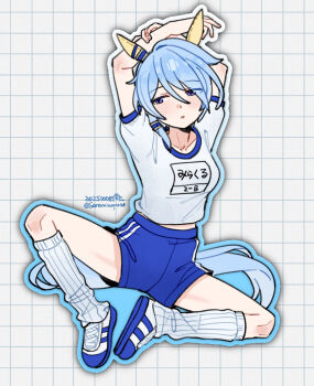 Rule 34 | 1girl, animal ears, arms up, blue eyes, blue hair, blue shorts, blush, breasts, collarbone, commentary request, ear covers, gym uniform, hair between eyes, highres, horse ears, horse girl, horse tail, k.s.miracle (umamusume), looking at viewer, midriff peek, parted lips, ribbed socks, saramiao-chan, shirt, shoes, short hair, short sleeves, shorts, socks, solo, stretching, tail, umamusume, white shirt, white socks