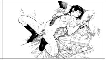 1girl aftersex bracelet breasts daftbonkers earrings female_pubic_hair greyscale highres jewelry medium_breasts monochrome necktie on_bed open_clothes open_shirt pubic_hair school_uniform short_hair socks spread_legs tissue_box used_tissue