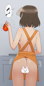 1girl absurdres apron ass back backboob bare_shoulders breasts censored flat_ass highres medium_hair mizuhara_kou musical_note naked_apron novelty_censor rhythm_tengoku rhythm_tengoku_miracle_stars solo spoken_musical_note tomato