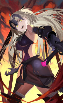 1girl absurdres armor armored_dress basasyu breasts commentary_request dress fate/grand_order fate_(series) grey_hair headpiece highres jeanne_d'arc_alter_(avenger)_(fate) jeanne_d'arc_alter_(fate) large_breasts long_hair looking_at_viewer open_mouth smile solo sword thighhighs very_long_hair weapon yellow_eyes