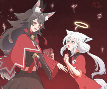 2girls :3 animal_ear_fluff animal_ears aqua_eyes artist_name bell black_background black_hair black_skirt blush book braid breasts commentary_request cosplay cult_of_the_lamb fox_ears fox_girl fox_tail gradient_background halo heart heart-shaped_pupils highres holding holding_book hololive long_hair long_sleeves mia960 midriff multicolored_hair multiple_girls ookami_mio ookami_mio_(1st_costume) open_mouth own_hands_together pentagram ponytail red_background red_crown_(cult_of_the_lamb) red_hair red_shirt rope shimenawa shirakami_fubuki shirt skirt symbol-shaped_pupils tail the_lamb_(cult_of_the_lamb) the_lamb_(cult_of_the_lamb)_(cosplay) virtual_youtuber white_hair wide_sleeves wolf_ears wolf_girl yellow_eyes