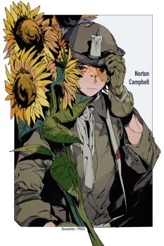 1boy absurdres black_eyes black_hair brown_gloves burn_scar candle cinmocrd flower gloves green_shirt hat highres identity_v neckerchief non-web_source norton_campbell scar shirt sunflower white_neckerchief