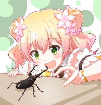 1girl :d arm_garter beetle blonde_hair bow bowtie brown_bow brown_bowtie bug commentary_request crossed_bangs double_bun fang flower frilled_shirt frills gradient_hair green_eyes hair_between_eyes hair_bun hair_flower hair_ornament hololive insect long_hair looking_at_animal momosuzu_nene momosuzu_nene_(1st_costume) multicolored_bow multicolored_hair open_mouth pink_flower pink_hair shirt sidelocks smile solo stag_beetle sumeragi_kou two_side_up virtual_youtuber yellow_bow yellow_bowtie