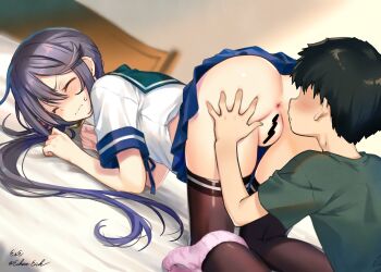 1boy 1girl absurdres age_difference akebono_(kancolle) all_fours anus ass bar_censor bell black_thighhighs blue_skirt censored closed_eyes eckert&amp;eich flower hair_bell hair_flower hair_ornament highres jingle_bell kantai_collection long_hair miniskirt onee-shota panties panties_around_leg pink_panties pleated_skirt purple_hair pussy school_uniform serafuku shota side_ponytail skirt textless_version thighhighs underwear very_long_hair