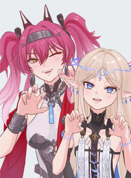 2girls 8k_u armor black_bow blue_eyes bow breastplate cartethyia_(wuthering_waves) claw_pose collar commentary_request crown_of_thorns earrings fingernails grey_background hair_between_eyes hair_bow hairband hands_up headgear highres jewelry long_hair looking_at_viewer lupa_(wuthering_waves) metal_collar metal_hairband multiple_earrings multiple_girls multiple_hair_bows necklace one_eye_closed parted_bangs pink_hair pointy_ears red_pupils simple_background smile tacet_mark_(wuthering_waves) twintails wuthering_waves yellow_eyes