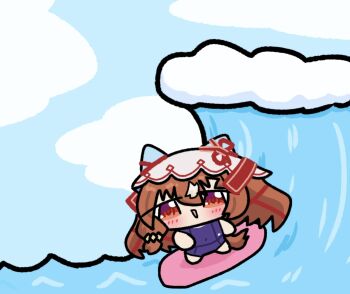 1girl animal_ears blush brown_hair chibi commentary_request ehuda3000 full_body horse_ears horse_girl horse_tail long_hair open_mouth red_eyes school_swimsuit smile solo still_in_love_(umamusume) surfboard surfing swimsuit tail umamusume veil waves