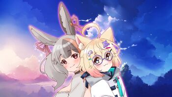 2girls :3 ahoge animal_ear_fluff animal_ears aqua_eyes artist_request black_choker blonde_hair blush bow breasts cat_ears cat_girl choker cleavage closed_mouth cloud commentary controller_hair_ornament ear_ribbon english_commentary eyelashes glasses grey_hair highres hood hood_down hooded_jacket hunii indie_virtual_youtuber jacket minikomew multicolored_hair multiple_girls orange_hair outdoors pink_eyes pink_ribbon purple-framed_eyewear rabbit_ears rabbit_girl ribbon round_eyewear second-party_edit second-party_source short_hair sky smile sparkle twintails virtual_youtuber white_jacket