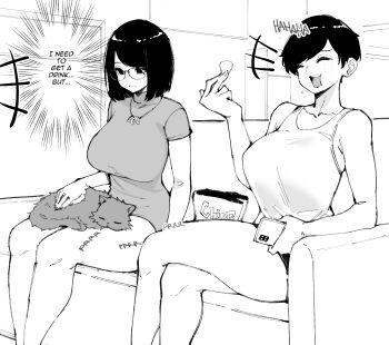 2girls absurdres animal animal_on_lap bare_arms bare_legs bare_shoulders bob_cut breasts casual cat cellphone closed_eyes collarbone couch crossed_legs desyana_laurentia dress eating english_text glasses greyscale highres jewelry large_breasts monochrome multiple_girls necklace norman_maggot olive_laurentia on_lap original phone pixie_cut short_sleeves siblings sisters sitting smartphone smile swept_bangs tank_top thick_thighs thighs turtleneck
