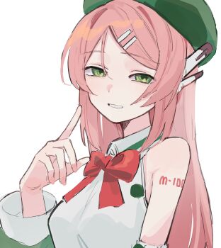 1girl absurdres bare_shoulders beret bow bowtie breasts eyes_visible_through_hair green_eyes green_hat green_sleeves grin hair_between_eyes hair_ornament hairpin half-closed_eyes hat headphones highres long_hair looking_at_viewer medium_breasts momone_momo number_tattoo pink_hair red_bow red_bowtie shoulder_tattoo smile straight_hair swept_bangs tattoo uranosebi utau white_background