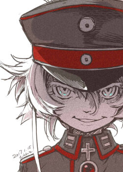 1girl commentary_request errant hair_between_eyes hat limited_palette looking_at_viewer military_uniform peaked_cap short_hair simple_background sketch smile solo tanya_degurechaff upper_body youjo_senki