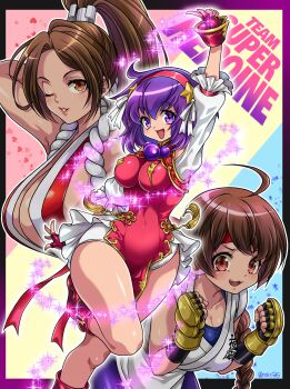 3girls asamiya_athena breasts brown_eyes brown_hair dougi fatal_fury hair_ornament hairband highres karate_gi large_breasts leggings long_hair miru_(mill_36) multiple_girls pale_skin purple_eyes purple_hair ryuuko_no_ken shiranui_mai short_hair smile snk star_(symbol) the_king_of_fighters thick_thighs thighs yuri_sakazaki